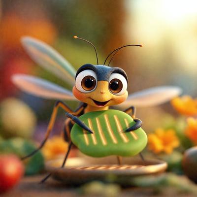 The primary subject of the image is a cartoon-like insect, possibly a beetle or a grasshopper, sitting on a green and brown surface. The insect appears to be smiling and is holding a green and brown object, possibly a piece of food or a decoration. The setting is a garden, with a variety of fruits and vegetables visible in the background. The visual style is a combination of digital art and illustration, creating a whimsical and playful atmosphere. The colors and mood are predomin